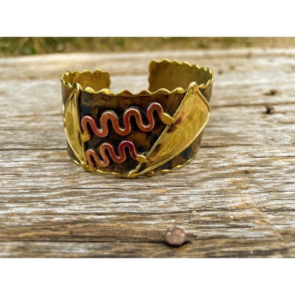 Vintage Brass and Copper bangle Cuff Bracelet Brutalist Abstract - Picture 1 of 12